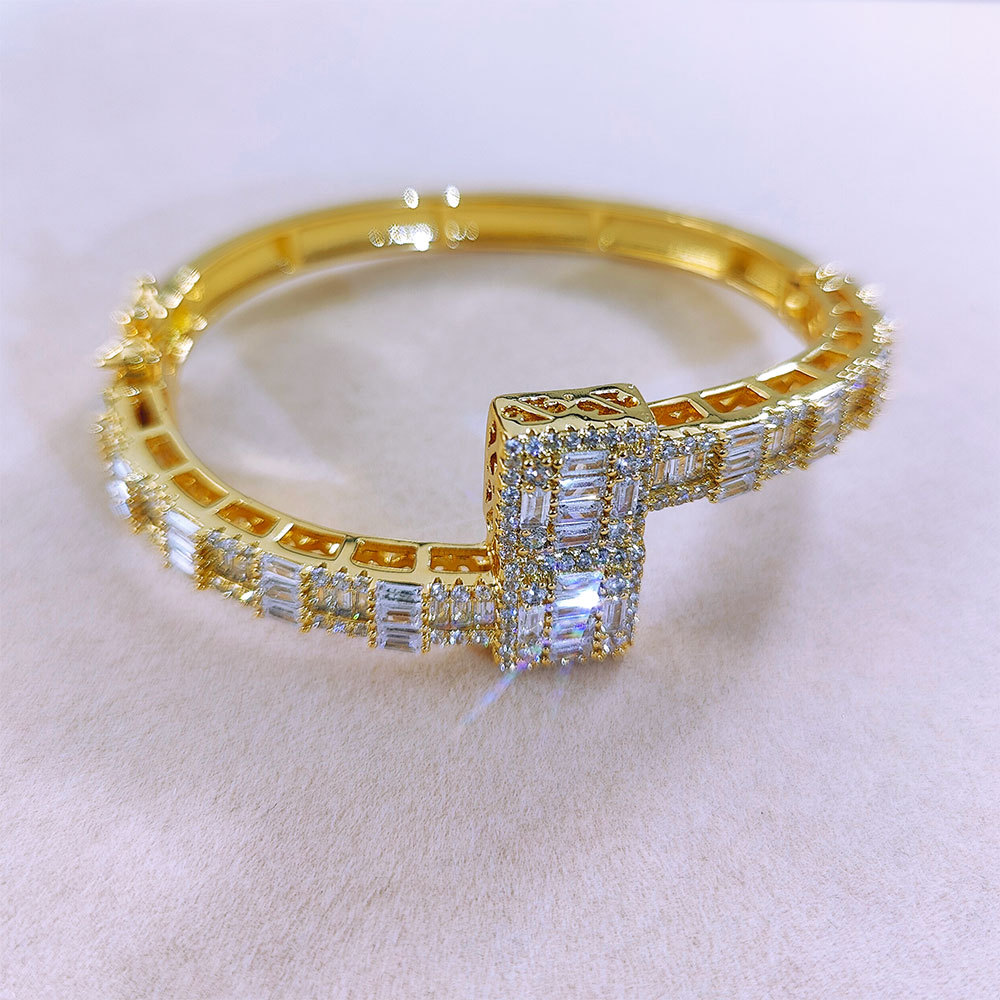 T Crystal Cubic Zircon Cuff Bangle Real Gold Plated Armband Women Girl Gift Wedding Jewelry