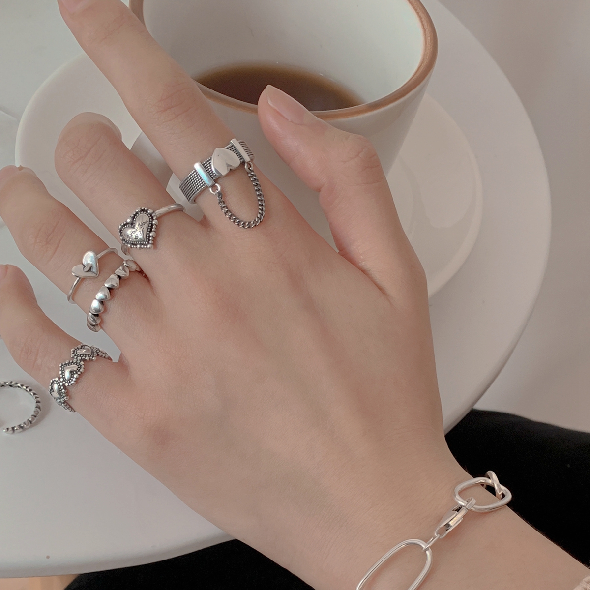 6 ensembles Punk chaîne poignet Bracelet anneaux pour femmes hommes charme Emo détachable anneau mode bijoux cadeau