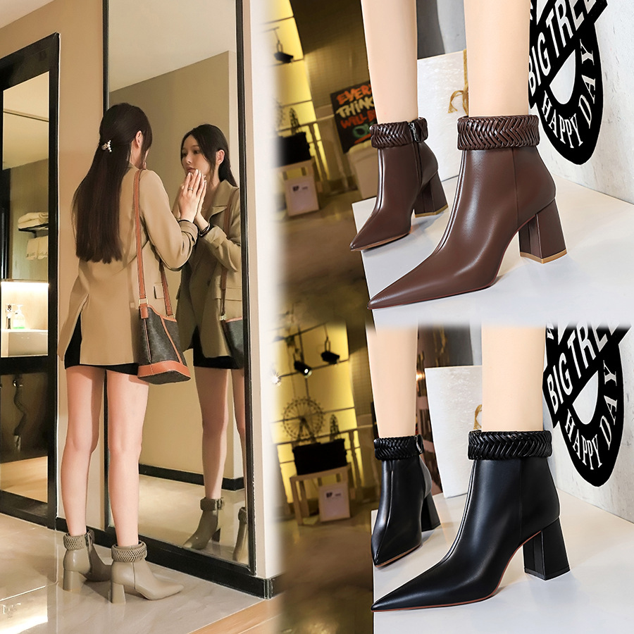 Sexy Nightclub Slim Thick Heel High Heel Pointed Knitted Belt Lapel Side Zipper Short Boots Women's Boots with box 525852