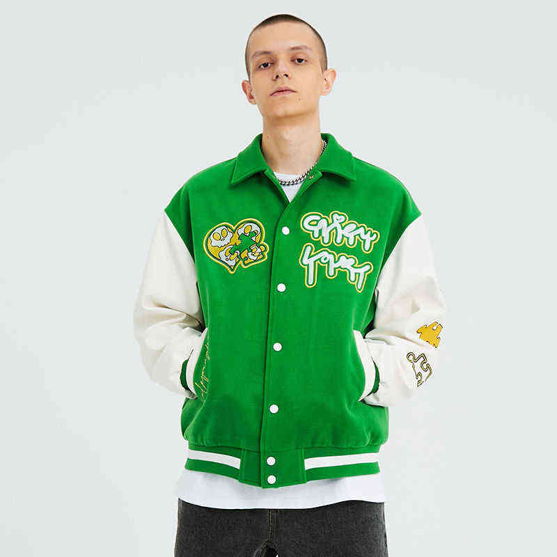 Erkek ceketler erkekler vintage kahverengi varsity ceket hip hop bulmaca nakış tiki bombacı ceket kadın gevşek gündelik ekleme beyzbol üniforma yeni t220914