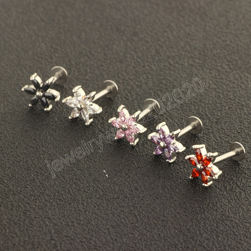 Flower Zircon Lip Ring Stud Piercing Bar Labret Ear Broskörhängen Tragus Helix Rostfritt stål Kroppsmycken