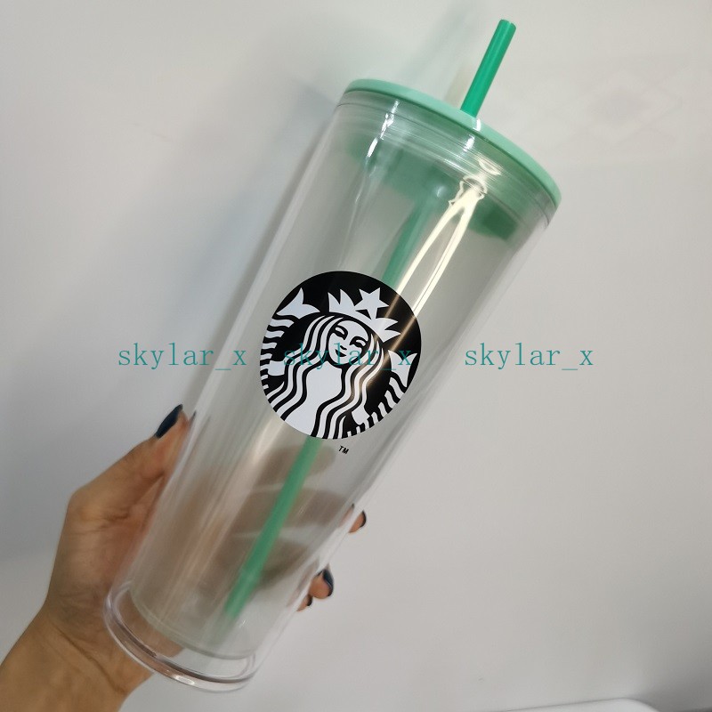 24 oz/710ml Starbucks Tumblers Green Straw Doble plástico de plástico Copa luminosa con tazas de café de gran capacidad Taza de regalo 20 piezas