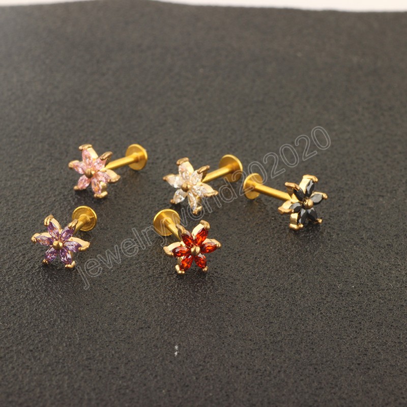 Flower Zircon Lip Ring Stud Piercing Bar Labret Ear Cartilage Earrings Tragus Helix Stainless Steel Body Jewelry