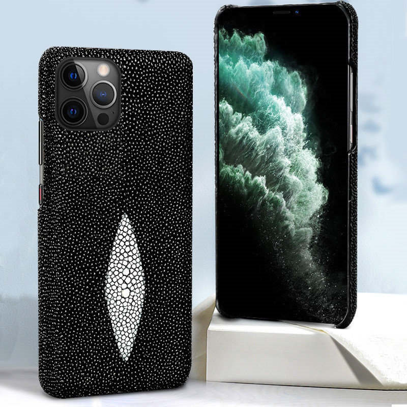 Echte Echte Stingray Leather Case voor iPhone 14 Pro Max 13 12 11 XS Max XR Peer Vis Skin back Cover