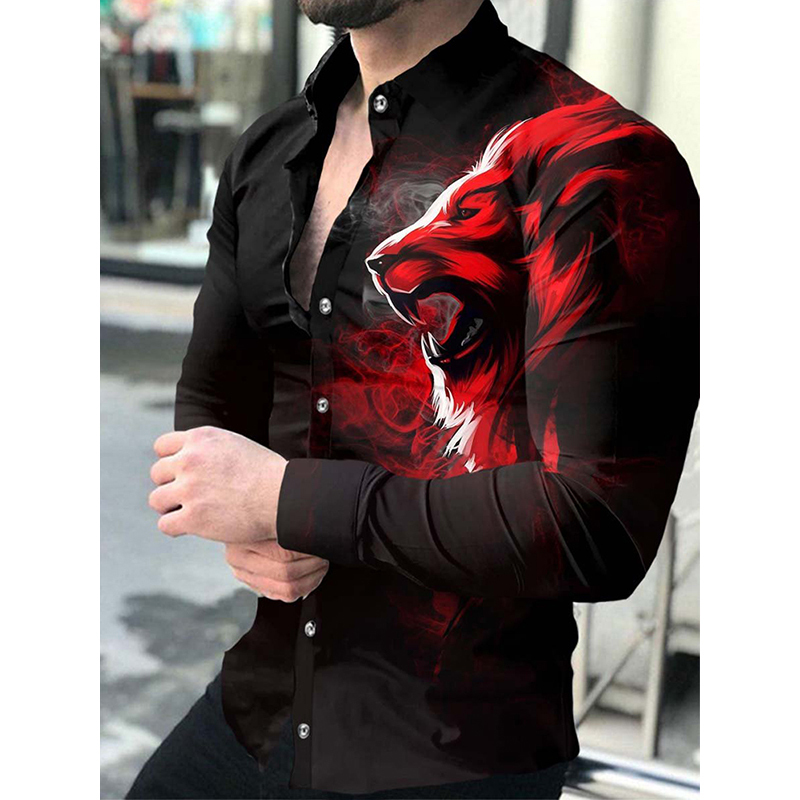 Camicie casual da uomo Fashion Luxury Social Men Camicia abbottonata con colletto alla rovescia Camicia a maniche lunghe con stampa leone Abbigliamento Prom Cardigan 220913