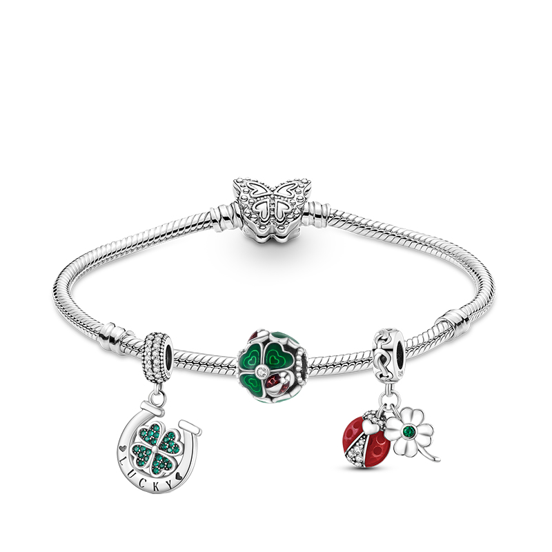 925 Silver Fit Pandora Charm 925 Armband Lucky Charm Ladybug Green Charms Set Pendant DIY Fine Pärlor smycken