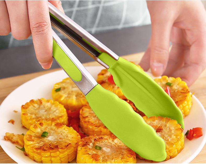 9 Inch Silicone Heat-Resistant Food Tong Kitchen Tool Non-Slip Thicken Bread Clip Serving Cake Stainless Steel Tongs BBQ Tools Accessories SN4869