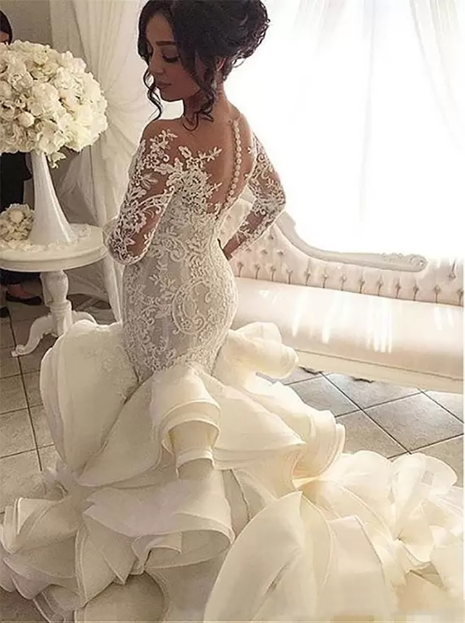 2022 Plus Size Organza Mermaid Wedding Dresses New Arrival Lace Long Sleeve Muslim Vestido De Noiva Romantic Appliques Ruffles Wedding Gowns