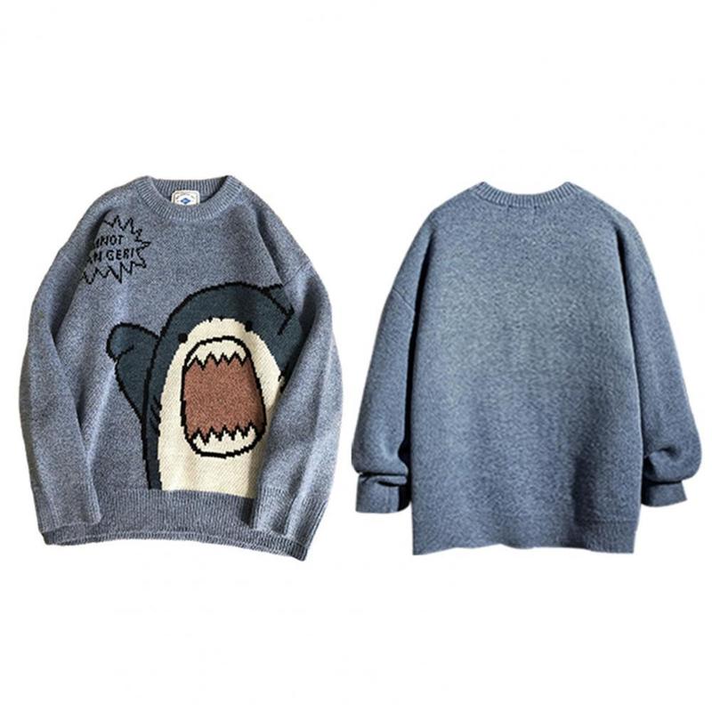 Mens Sweaters 40%Womens Cartoon Shark Print Round Neck Long Sleeve Top Student Everyday Loose 220914