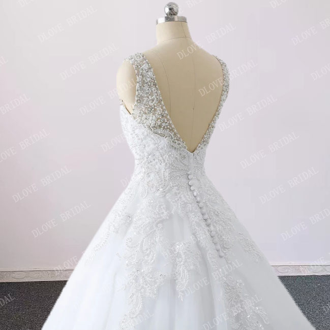 V Cou Dentelle Applique Princesse Robes De Mariée Cristal Perlé Robes De Mariée Sur Mesure Image Réelle