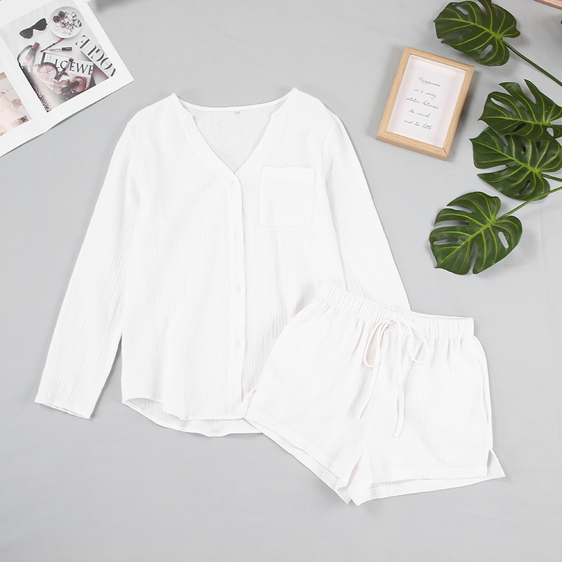 Women's Sleepwear Hiloc Pocket White Sleepwear Cotton Suits With Shorts Female Lacing Long Sleeves Set Woman V-Neck Women Pajama Spring 220913