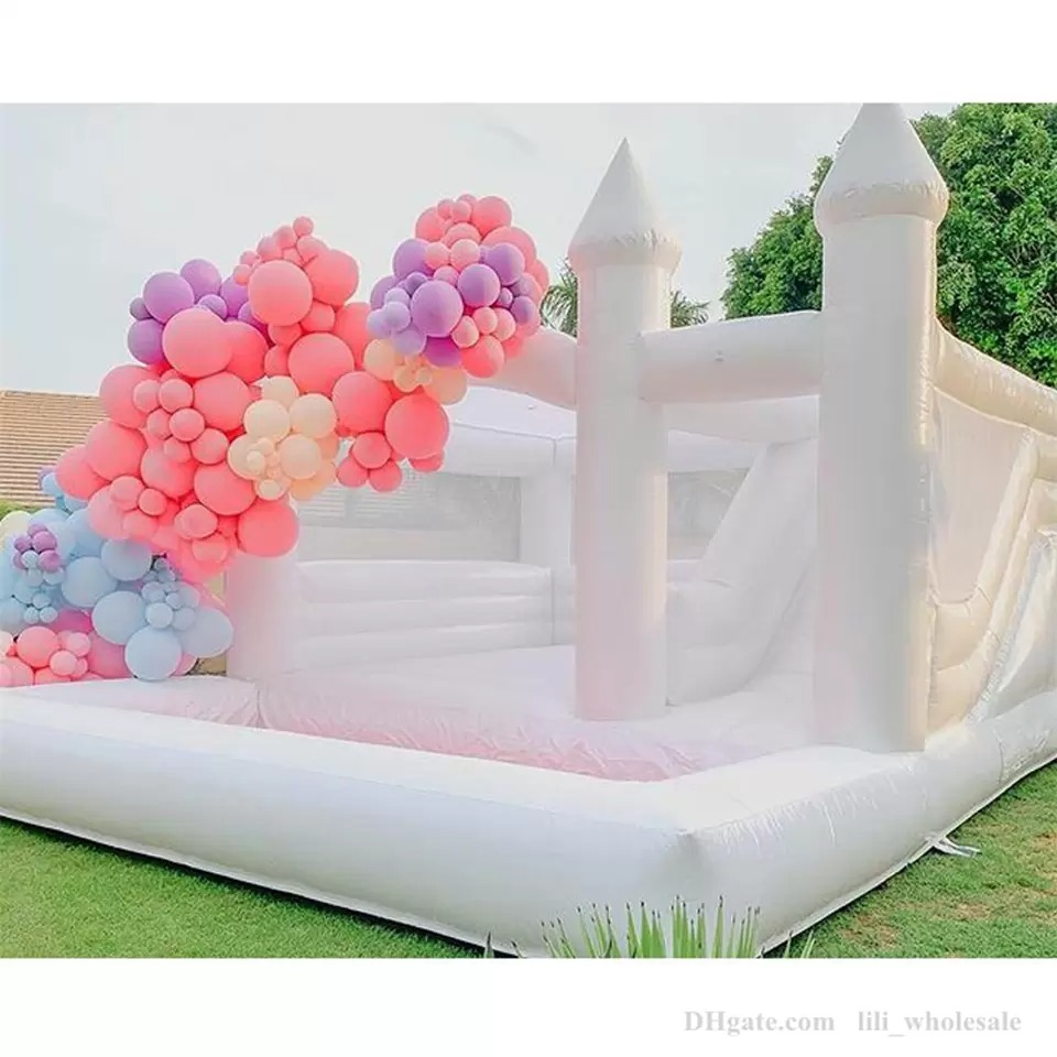 Juegos al aire libre Comercial Inflable Inflable White Boded Bounce House con tobog￡n y bola PVC Jumper Moonwalks Bridal Castillo para ni￱os
