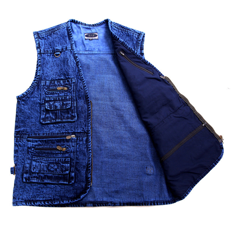 Men's Vests Men's vest Outerwear denim waistcoat deep blue color plus size sleeveless jacket Multi-pocket size XL to 5XL 220915