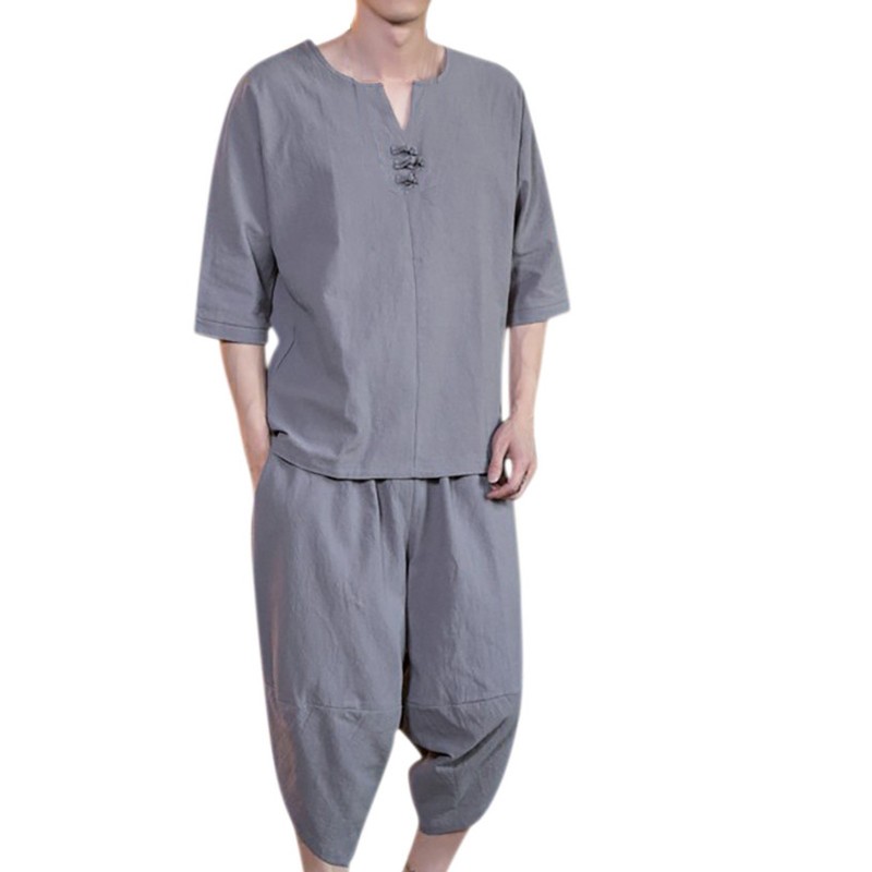 Men's Tracksuits Cotton-Hemp Summer Two Piece Set Men Men Short Sleeve Camise