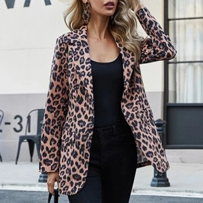 Женские куртки модная тенденция женщин, отворотный леопардовый принт с длинными рукавами элегантный осенний зимний офис.