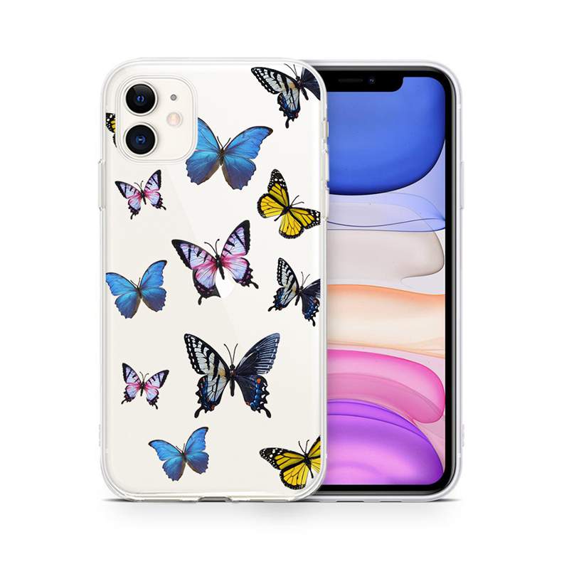 Étuis en TPU souple joli papillon pour iPhone 15 14 Pro Max 13 12 11 XS MAX XR X 8 7 6 6S Plus coloré bleu jaune rose bel animal clair couverture de téléphone transparente peau arrière