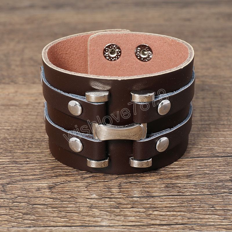 Bracelet en cuir large bracelet manchette multicouche bouton bracelet r￩glable bracelet