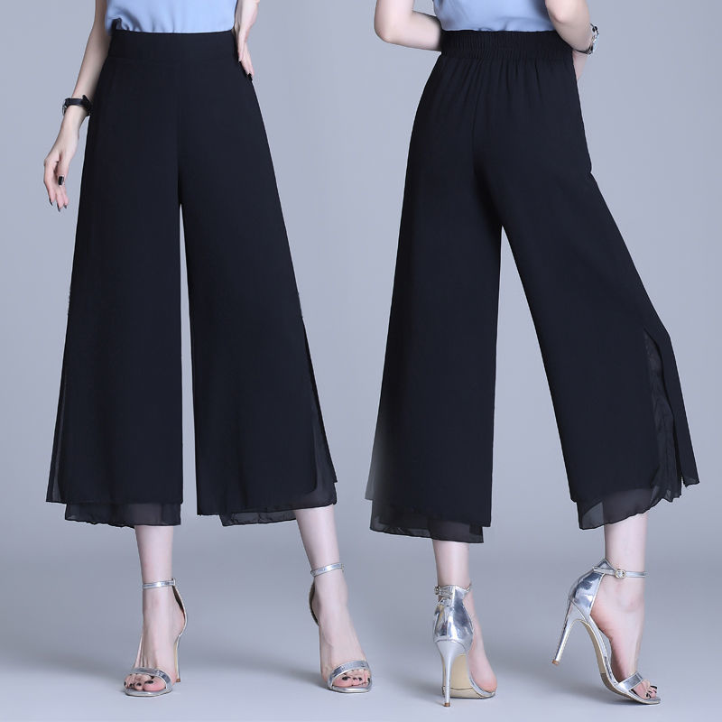 Calças femininas Capris Mulheres calças de moda coreana de moda alta calça de perna larga de pernas largas chiffon bordado spodnie pantalones de mujer 4xl 220915