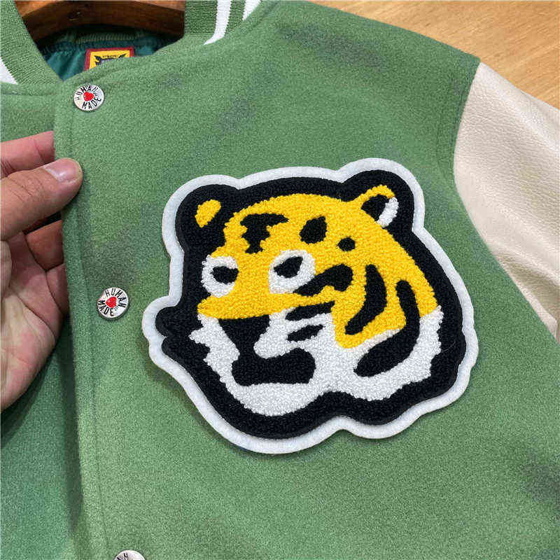 Men's Jackets Green Patchwork Human Made Girls Dont Cry Varsity Baseball Jacket Men Women Tiger Pattern Leather Sleeve Coat T220914