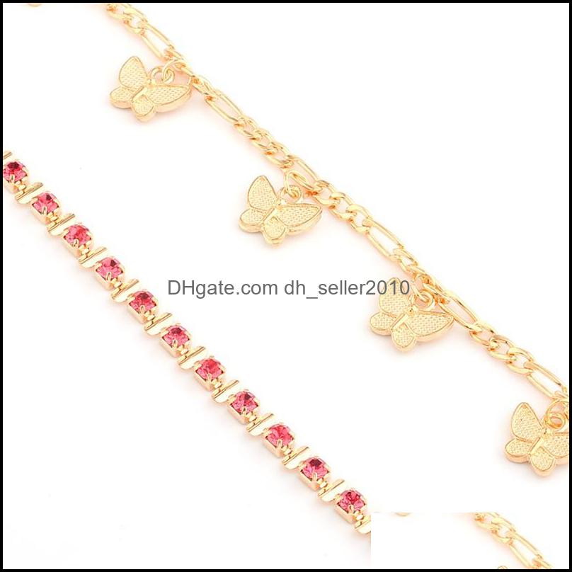 Anklets Plated Gold Butterfly Tassels Anklet Crystal Rhinestone Women Alloy Ankle Bracelet Mtilayer Chain 2-Piece Suit 3 2My J2B Drop Dhqky