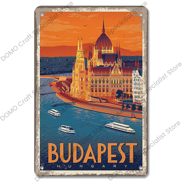 Affiche de paysage de la ville c￩l￨bre Signes de peinture en m￩tal vintage Budapest Malta Sydney Tin Plate Retro Wall Art Decor for Living Room Home Hisimple Brand