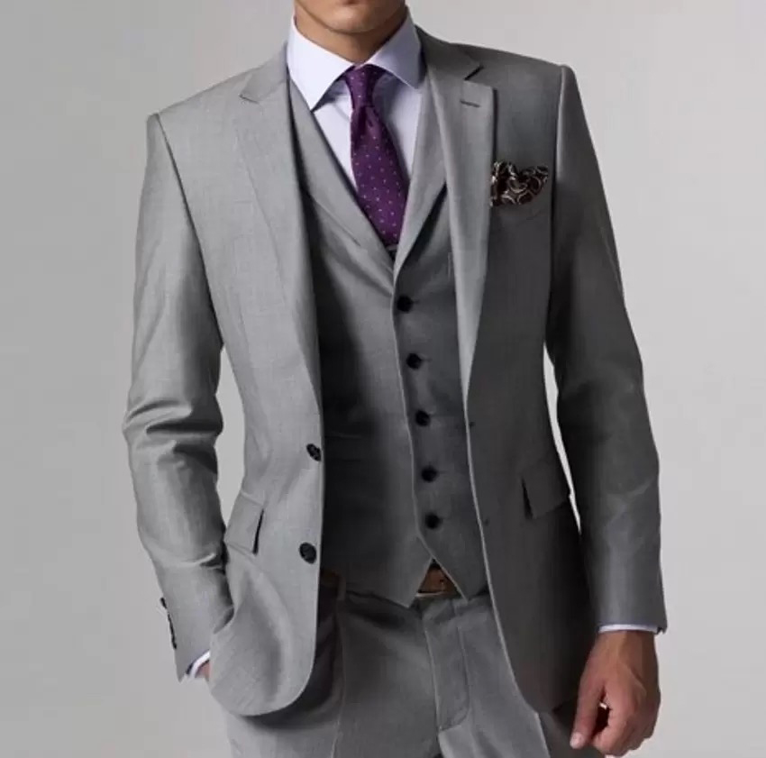 Nuevo vestido de boda gris claro para hombre, solapa de muesca, esmoquin ajustado para novio, cena Popular/vestido Darty, traje de 3 piezas, chaqueta, pantalones, chaleco
