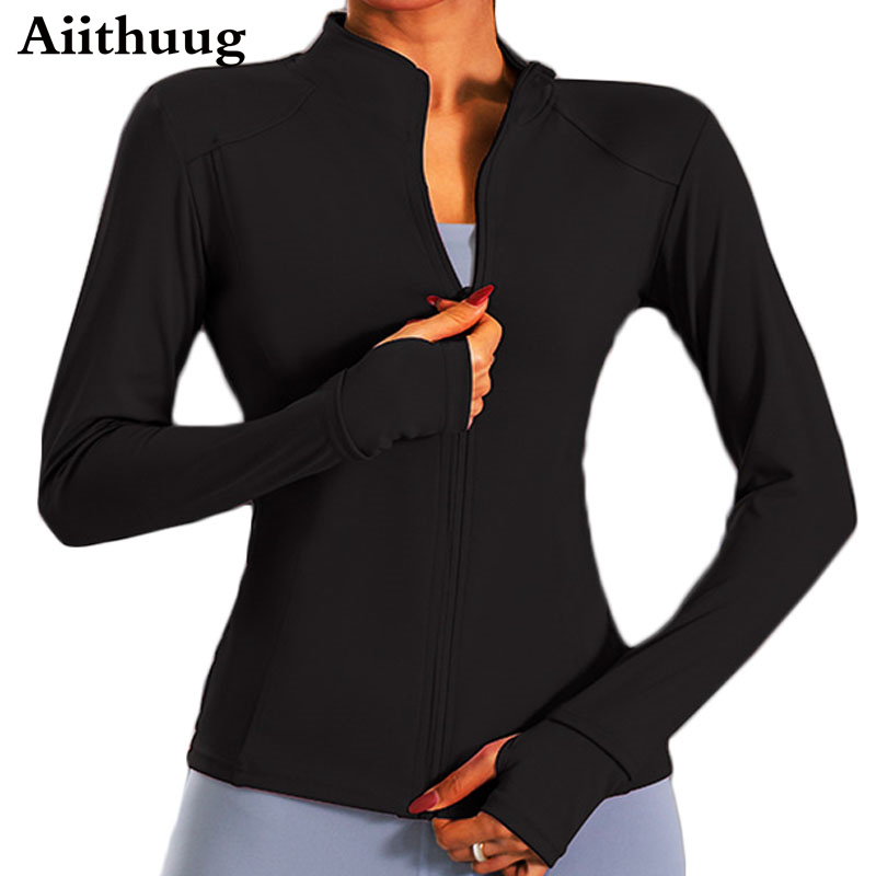 Camicia da yoga di abbigliamento a maniche lunghe di Aiithuug Sports da corsa in palestra traspirante con cerniera da yoga da donna con il dito ...