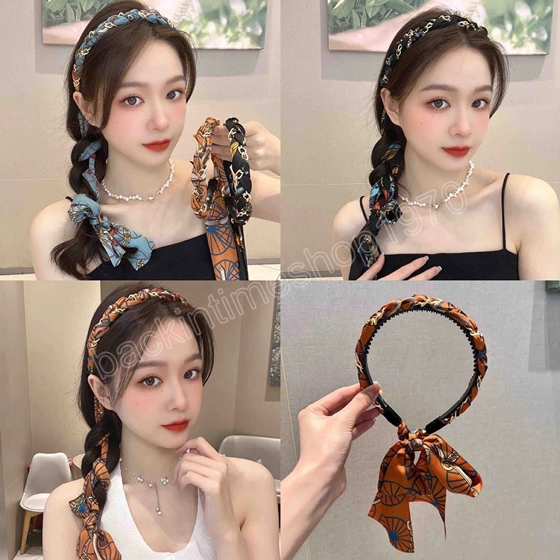 Bowknot Hair Band Chainers Turnerger Opergle Women Hair Associory Bravided Hairbands Long Ribbon Hair Haoop Tassel Beadbands