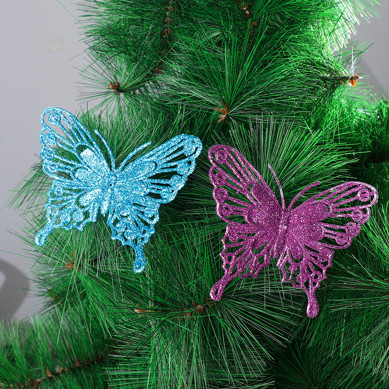 Decorações de Natal Butterflies Ornamentos de árvore de Natal Glitter Glitter Artificial Flower Diy Decor Decoração de Camada Dolosa 220914