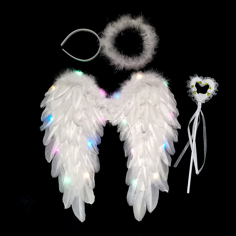 Decoração de festa luzes led luminárias brancas anjo preto asas de penas de halloween decoração mulher criança menina cosplay props dance show de halloween aniversário 220915