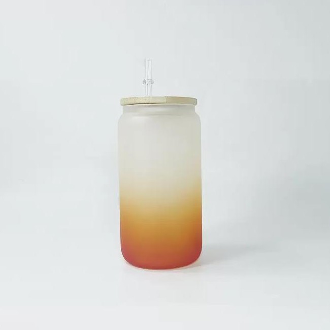 미국 창고 16oz 승화 gradient 유리 텀블러 서리가있는 대나무 뚜껑 짚 Diy 맥주 머그잔 커피 컵 b6