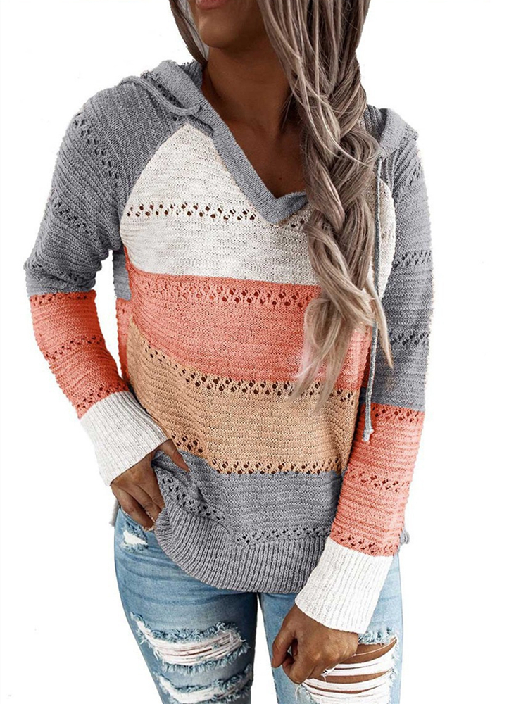 Women's Knits Tees Autumn Patchwork Hooded Sweater Women Casual Long Sleeve Knitted Sweater Top Winter Striped Elegant Pullover Jumpers 220915