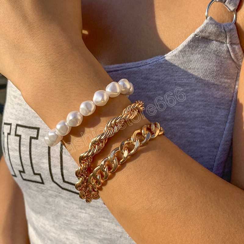 Винтажный имитация жемчужных из бисера браслет дамы Бохо золотой цвет металлический творческий поворот браслеты для девушек любители моды модные украшения
