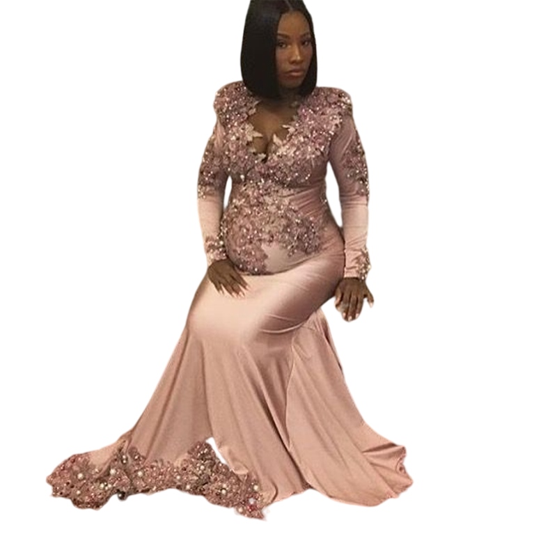 Rose Gold Maternity Evening Dresses Mermaid Lace Sequins African Pink Beaded Long Sleeve Formal Prom Gown For Pregnant Women