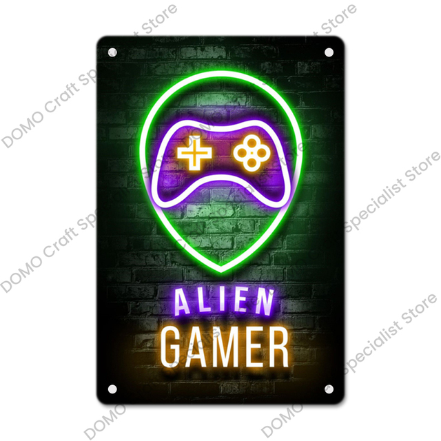 Neon teken gaming gamer metal schilderij vintage metalen tinnen plaat muur kunst decor voor jongens speelkamer huis 20cmx30cm woo