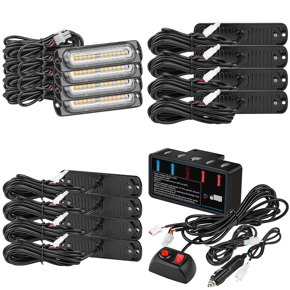 Lumières d'urgence de voiture 12V 12LED 4 en 1 fonction de synchronisation Super lumineuse avertissement de danger lumière de calandre stroboscopique avec boîtier de commande 4 pièces