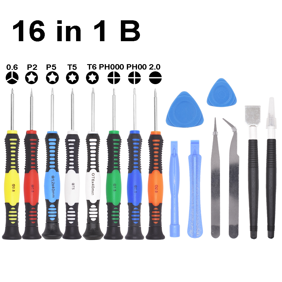 Ny 16 i 1 öppningsverktygssats Skruvmejslar Uppsättning för iPhone 7 8 11 12 X Samsung Huawei Mi pincett DIY Reparationsverktyg Partihandel