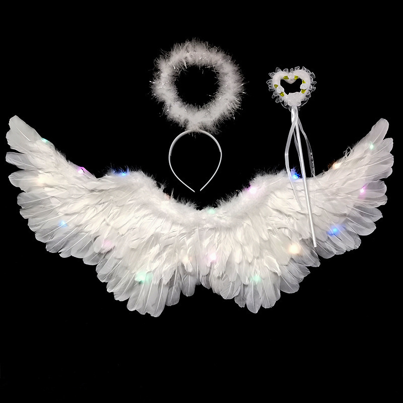 Party Decoration LED Lights White Black Angel Feather Wings Halloween Decoration Women Child Girl Cosplay Props Dance Show Halloween Birthday 220915