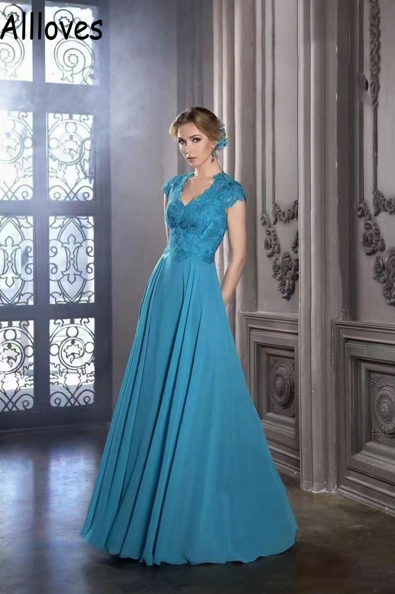 Hunter Blue Chiffon A Line Mother's Dresses v Neck Lace Depliqued Offical Party Party Order for Women Wedding Weed Wear Orgle of Bride/Groom Italial Dress Cl1148