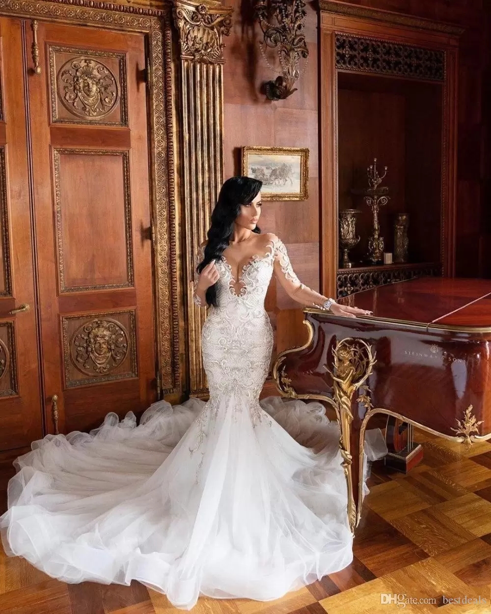 2022 Luxus arabische Meerjungfrau Brautkleider Dubai Sparke Kristalle Langarmes Brautkleider Court Zug Tüllrock BC3345 GB0916