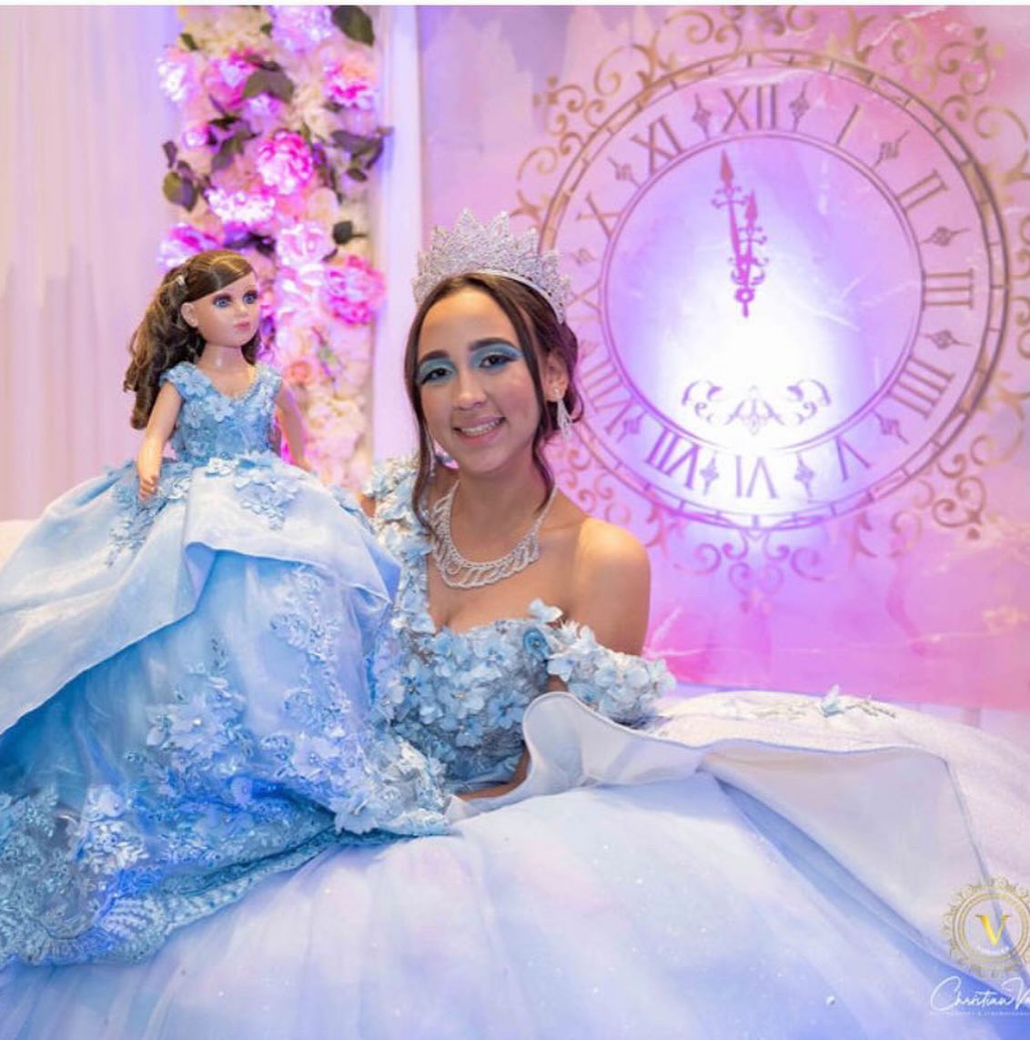 Vestido de bola de miçanga azul de céu clara vestidos quinceanera.