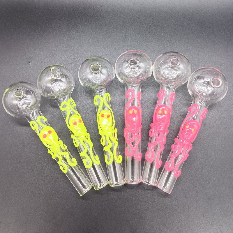 Yellow Pink Glass Smoking Pipes with Luminous Octopus Oil Dab Rigs Shisha Tobacco Accessories