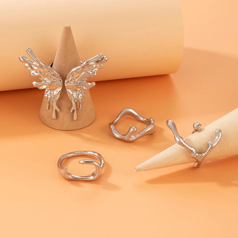 INS Big Butterfly Joint Ring Sets für Frauen Silber Farbe Geometrie Legierung Metall Öffnung Ring Schmuck 4 teile/sätze