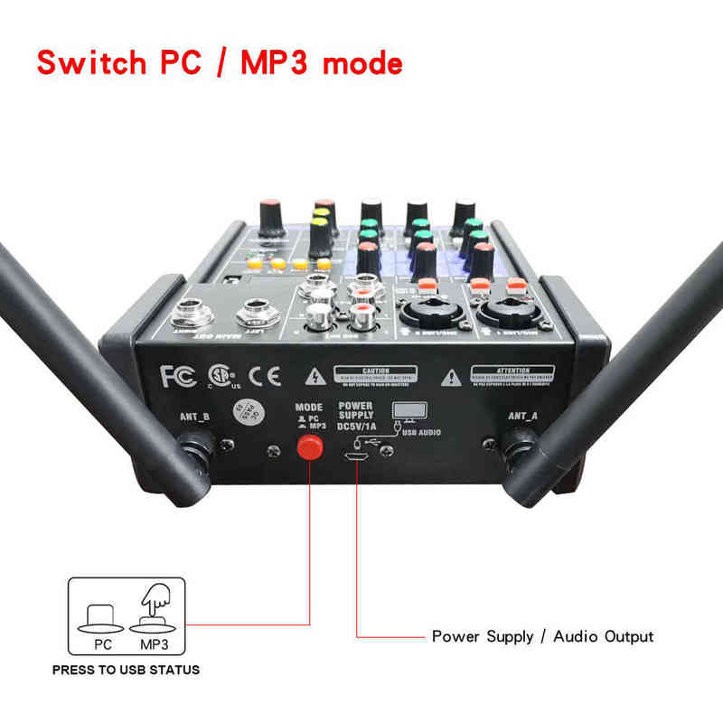 Microfones 4 -kanaler Audio Mixer Wireless Microphone Condenser Microphone Kits Audio Interface Bluetooth Mixing Console 48V Phantom Power T220916