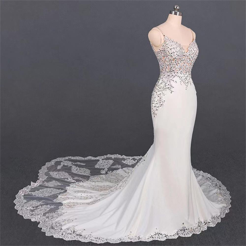 Mermaid wedding dress Sexy suspenders v-neck lace sequined backless big tail slim fit wedding MY9241