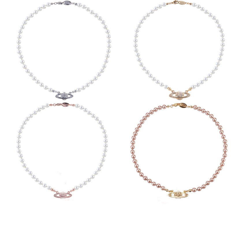 Collane di saturno perla con perline da tennis diamanti donna catene d'argento in stile alla moda vintage desigenr con box356j