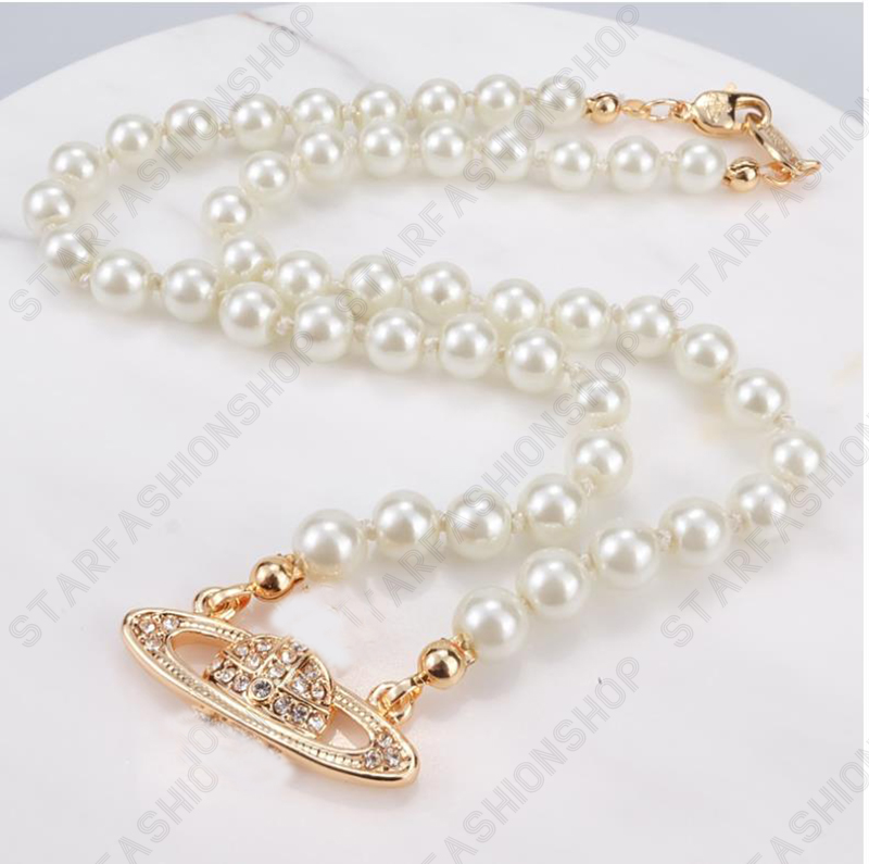 Saturn Necklaces Pearl Beaded Diamond Tennis Necklace Woman Silver Chains Vintage Trendy Style Desigenr With box270d