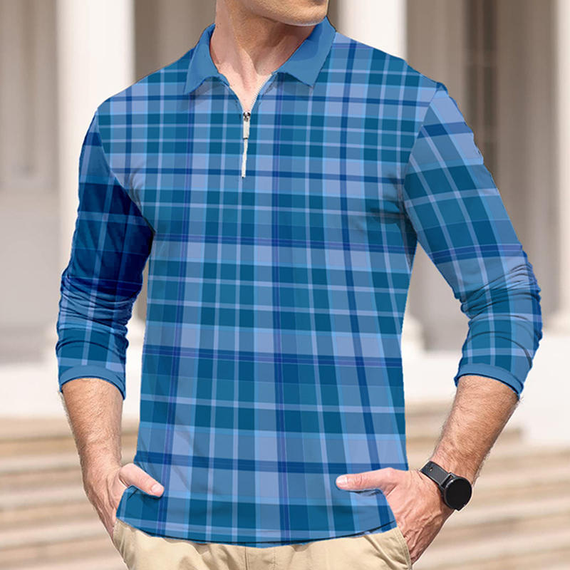 Hommes Polos Plaid Stripe Polos À Manches Longues Casual Col Rabattu Fermeture À Glissière Conception Hommes Imprimer Tops Chic Homme Slim Fit Vêtements 220916