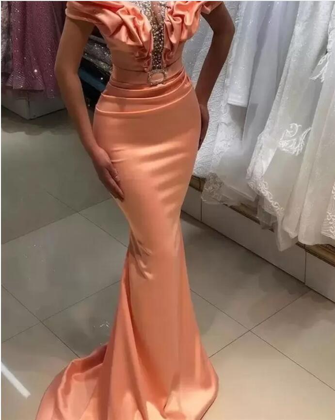 Aso Ebi 2023 Arabe Sirène Robes De Soirée Cristaux Perlés Satin Sheer Cou De Bal Formelle Partie Deuxième Réception Robes Champagne Blush Plus La Taille