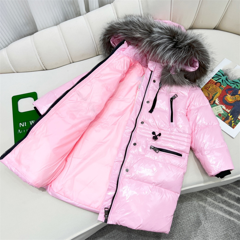 Baby Designer Clothes Down Coat 2022 Fashion Winter Thickened Jacket Girl Bright Outwear Long Western Style Children's Big Hair Collar Kids Clothing